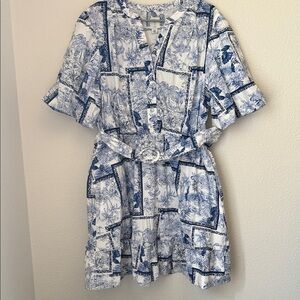Joie Blue and White Tropical Toile Fit and Flare Mini Dress